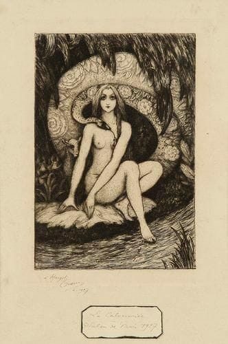 La Calomniée. 1927. Eau-forte. 130 x 177. Très belle épreuve sur vélin fort, dédicacée «à Margot», signée et datée à la plume et à l?encre, avec cartouche manuscrit rajouté dans la marge inférieure. Toutes marges.
