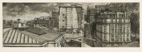 Érik DESMAZIÉRES (né en 1948)
Carte de voeux et de changement d?adresse. 1990. Eau-forte, roulette et aquatinte. À vue : 440 x 142. Fitch-Febvrel 122. Très belle épreuve sur vergé azuré, de l?état définitif, la lettre effacée, avec rehauts à la gouache blanche. Cadre.
SANS MARGES, SANS SIGNATURE, COLLÉE EN PLEIN SUR CARTON.

