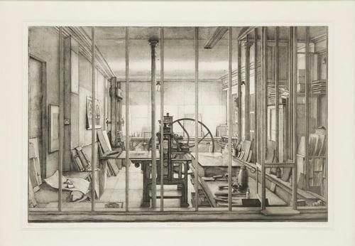 Érik DESMAZIÉRES (né en 1948)
Atelier René Tazé VI. 1993. Eau-forte, aquatinte et roulette. 1005 x 655. Fitch-Febvrel 139. Épreuve sur vélin, numérotée, titrée, signée et datée à la mine de plomb. Tirage à 90 épreuves. Cadre.