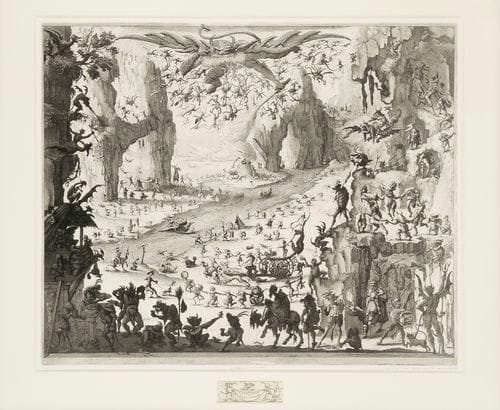 Érik DESMAZIÉRES (né en 1948)
La Tentation de saint Antoine. 1993. Eau-forte, aquatinte et roulette d?après la copie de Meitling d?après Callot. 920 x 745. Fitch-Febvrel 141. Épreuve tirée en noir sur vélin, titrée, numérotée, dédicacée, signée et datée à la mine de plomb, sous passe-partout agrémenté d?un cartouche dessiné à la plume et à l?encre d?après Callot. Cadre.