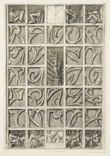 Érik DESMAZIÉRES (né en 1948)
Alphabet imaginaire I. Pl. pour La Bibliothèque de Babel de J. L. Borges («Seconde Suite»). 1997. Eau-forte, aquatinte et roulette. 238 x 351. Fitch-Febvrel 157. Épreuve sur vélin, numérotée, titrée, signée et datée à la mine de plomb. Tirage à 60 épreuves. Cadre.