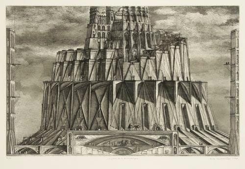 Érik DESMAZIÉRES (né en 1948)
La Tour de Babel ou L?Entrée de la Bibliothèque. Pl. pour La Bibliothèque de Babel de J. L. Borges («Seconde Suite»). 1997. Eau-forte, aquatinte et roulette. 492 x 305. Fitch-Febvrel 158. Épreuve sur vélin, numérotée, titrée, signée et datée à la mine de plomb. Tirage à 60 épreuves. Cadre.