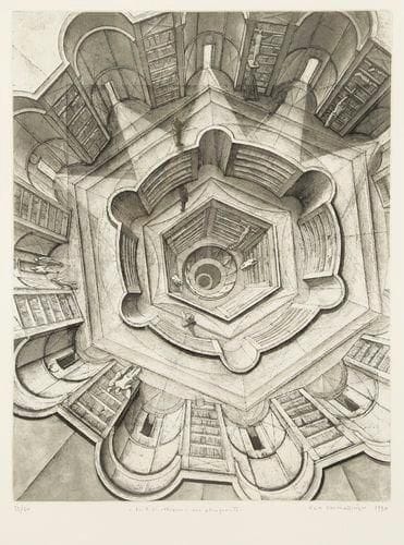 Érik DESMAZIÉRES (né en 1948)
La Bibliothèque : vue plongeante. Pl. pour La Bibliothèque de Babel de J. L. Borges («Seconde Suite»). 1997. Eau-forte, aquatinte et roulette. 264 x 353. Fitch-Febvrel 159. Épreuve sur vélin, numérotée, titrée, signée et datée à la mine de plomb. Tirage à 60 épreuves. Cadre.