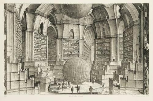 Érik DESMAZIÉRES (né en 1948)
La Salle des planètes. Pl. pour La Bibliothèque de Babel de J. L. Borges («Seconde Suite»). 1997. Eau-forte, aquatinte et roulette. 491 x 305. Fitch-Febvrel 160. Épreuve sur vélin, numérotée, titrée, signée et datée à la mine de plomb. Tirage à 60 épreuves. Cadre.