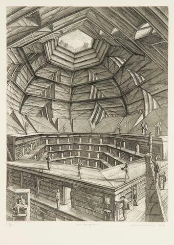 Érik DESMAZIÉRES (né en 1948)
Salle hexagonale. Pl. pour La Bibliothèque de Babel de J. L. Borges («Seconde Suite»). 1997. Eau-forte, aquatinte et roulette. 265 x 253. Fitch-Febvrel 161. Épreuve sur vélin, numérotée, titrée, signée et datée à la mine de plomb. Tirage à 60 épreuves. Cadre.
