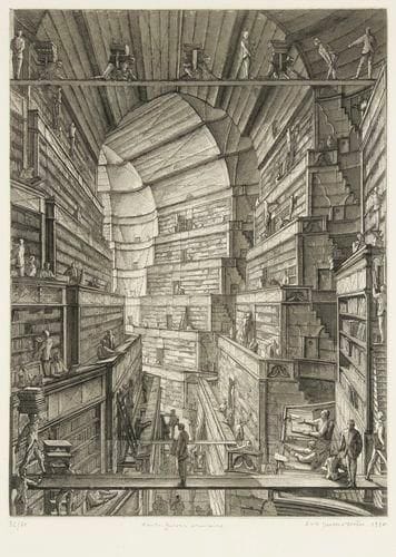 Érik DESMAZIÉRES (né en 1948)
Haute galerie circulaire. Pl. pour La Bibliothèque de Babel de J. L. Borges («Seconde Suite»). 1997. Eau-forte, aquatinte et roulette. 252 x 353. Fitch-Febvrel 162. Épreuve sur vélin, numérotée, titrée, signée et datée à la mine de plomb. Tirage à 60 épreuves. Cadre.
