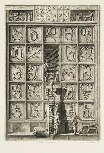 Érik DESMAZIÉRES (né en 1948)
Alphabet imaginaire II. Pl. pour La Bibliothèque de Babel de J. L. Borges («Seconde Suite»). 1997. Eau-forte et aquatinte. 241 x 351. Fitch-Febvrel 165. Épreuve sur vélin, numérotée, titrée, signée et datée à la mine de plomb. Tirage à 60 épreuves. Cadre.
