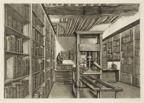 Érik DESMAZIÉRES (né en 1948)
La Librairie Paul Jammes.2000. Eau-forte, aquatinte et roulette. 493 x 348. Fitch-Febvrel 173 A. Épreuve sur vélin, numérotée, titrée, signée et datée à la mine de plomb. Tirage à 90 épreuves. Cadre.

    		FEUILLE COLLÉE EN PLEIN SUR CARTON ET PASSE-PARTOUT COLLÉ SUR LES BORDS DE L’ESTAMPE AU RECTO.

