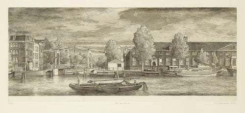 Érik DESMAZIÉRES (né en 1948)
Het Amstelhof. (Pl. de la suite des Vues d?Amsterdam).2004. Eau-forte, aquatinte et roulette. 566 x 235. Fitch-Febvrel 189. Épreuve sur vélin, numérotée, titrée, signée et datée à la mine de plomb. Tirage à 90 épreuves. Cadre.