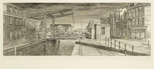 Érik DESMAZIÉRES (né en 1948)
Entrepotdok. (Pl. de la suite des Vues d?Amsterdam).2004. Eau-forte, aquatinte et roulette. 566 x 213. Fitch-Febvrel 191. Épreuve sur vélin, numérotée, titrée, signée et datée à la mine de plomb. Tirage à 90 épreuves. Cadre.