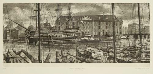 Érik DESMAZIÉRES (né en 1948)
?s Lands Zeemagazijn. (Pl. de la suite des Vues d?Amsterdam).2004. Eau-forte, aquatinte et roulette. 566 x 236. Fitch-Febvrel 192. Épreuve sur vélin, numérotée, titrée, signée et datée à la mine de plomb. Tirage à 90 épreuves. Cadre.