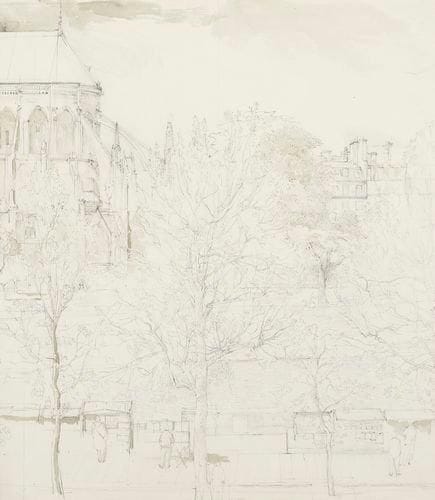 Érik DESMAZIÉRES (né en 1948)
Quai de Montebello.2005. Dessin préparatoire à la gravure (Fitch-Febvrel 196). Mine de plomb et lavis d?encre sépia sur vélin. 490 x 560. Cadre.