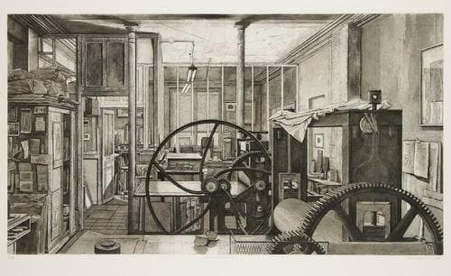 Érik DESMAZIÉRES (né en 1948)
Atelier René Tazé VII.2006. Eau-forte, aquatinte et roulette. 820 x 450. Fitch-Febvrel 198. Épreuve tirée en noir bistré sur vélin, numérotée, titrée, signée et datée à la mine de plomb. Tirage à 75 épreuves. Cadre.