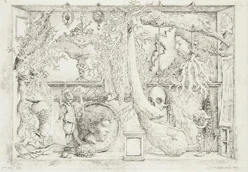Érik DESMAZIÉRES (né en 1948)
Scarabatollo. (Pl. de la Suite Musaeum Clausum).2009. Eau-forte et roulette. [381 x 267]. Fitch-Febvrel 217. Épreuve du 2e état (sur 4), avant de nouveaux travaux, tirée pleines marges, annotée à la mine de plomb «2me état 2/4», signée et datée. Toutes marges.