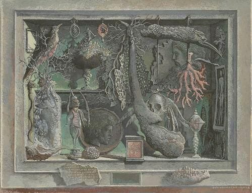 Érik DESMAZIÉRES (né en 1948)
Scarabatollo. (Pl. de la Suite Musaeum Clausum).2009. Eau-forte, aquatinte et roulette. [425 x 328]. Fitch-Febvrel 217. Exceptionnelle épreuve hors commerce sur vergé ancien gris bleuté, largement rehaussée à la gouache, signée et datée à la gouache blanche dans l?angle inférieur droit. Tirage de la suite à 30 épreuves.