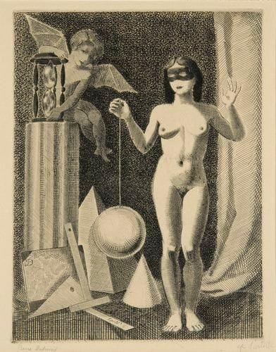 Pierre DUBREUIL (1891-1970)
[Femme nue masquée tenant une sphère, Cupidon perché sur une colonne]. Burin. 172 x 232. Très belle épreuve sur vélin, signée à la mine de plomb et annotée «épreuve d?artiste». Marges. Cadre.