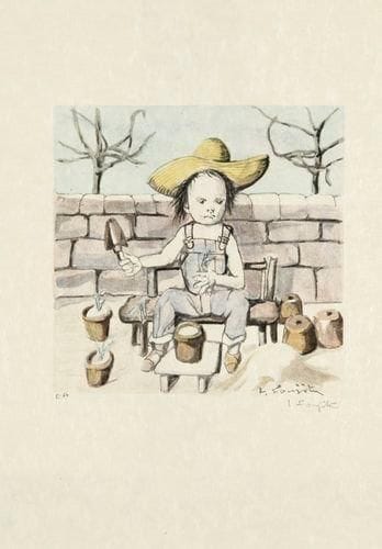 Léonard-Tsuguharu FOUJITA (1886-1968)
Le Petit jardinier. 1963. Lithographie. 195 x 195. Buisson 63.37. Impression en couleurs. Très belle épreuve sur japon nacré, justifiée «EA» et signée à la mine de plomb. Toutes marges. Timbre sec : P. de Tartas éd.