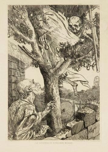 Alphonse LEGROS (1837-1911)
La Légende du bonhomme Misère (la Mort dans le poirier). 1874. Eau-forte. 150 x 230. I.F.F. 90. Très belle épreuve sur vergé. Toutes marges.
