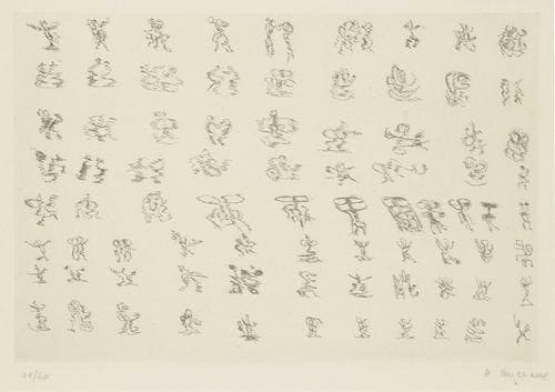Henri Michaux (1899-1984)
Sans titre. 1971. Eau-forte. 255 x 170. Mason-Cherix 101. Très belle épreuve sur vélin, numérotée et signée à la mine de plomb. Marges. Tirage à 60 épreuves. Cadre.