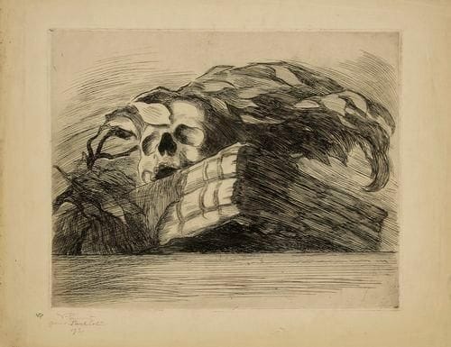 Victor PROUVE (1858-1943)
Vanité au livre. 1931. Eau-forte. 498 x 390. Belle épreuve sur simili-japon, signée à la mine de plomb, dédicacée «pour Paul Colin» et datée. Empoussiérage, oxydation et petits accidents aux bords du feuillet. Toutes marges.