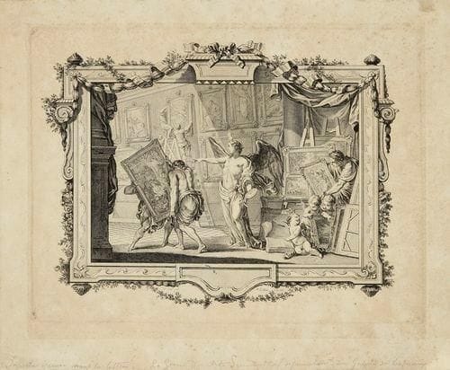 Noël Lemire (1724-1801)
Le Génie des arts présidant à l?organisation d?une galerie de tableaux. Gravé d?après Eisen. 270 x 205. Très belle épreuve avant la lettre, les noms des artistes gravés à la pointe. Rousseurs claires éparses. Toutes marges.