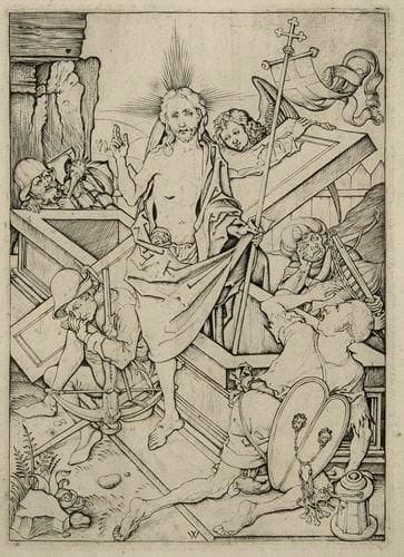 Wenzel von Olmütz (fin XVe-début XVIe s.)
La Résurrection. Burin d?après Martin Schongauer. 118 x 163. Barstch 15; Lehrs 30. Très belle épreuve. Marges étroites. Sous verre.
