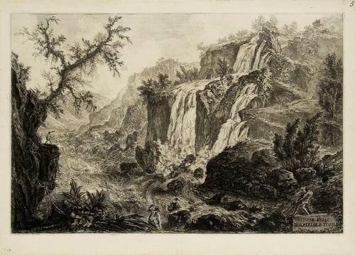 Giambattista PIRANESI (1720-1778)
Veduta delle Cascatelle a Tivoli. Pl. des Vues de Rome. 1769. Eau-forte. 715 x 476. Hind 92. Très belle épreuve très soigneusement lavée, du 2e état (sur 4), avant le numéro en haut à droite. Chiffre 5 à la plume et à l?encre sépia dans l?angle supérieur droit du feuillet. Toutes marges. Premier tirage parisien (vers 1800).
