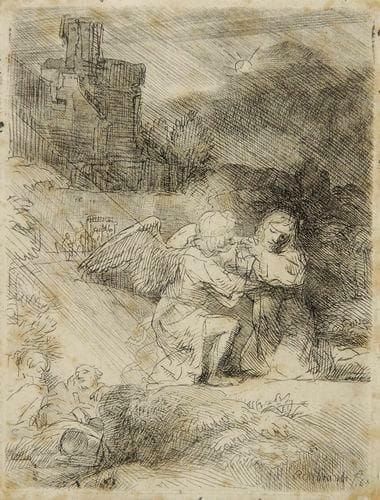 Rembrandt Harmensz. van Rijn (1606-1669)
Jésus-Christ dans le jardin des oliviers. 1663. Eau-forte et pointe sèche. 83 x 110. Bartsch 75. Belle épreuve d?un tirage du XIXe s. Rousseurs claires éparses. Filets de marges. Cadre.