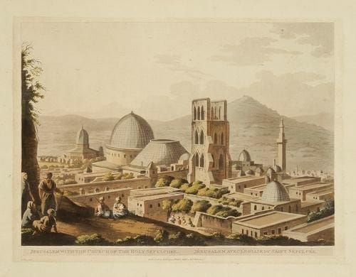 Jérusalem Jerusalem with the Church of the Holy Sepulchre...; View of Jerusalem from the Mount of Olives. Pl. pour Views in Egypt, Palestine and Other Parts of the Ottoman Empire, R. Bowyer éd., 1803. Aquatinte d?après L. Mayer. 390 x 310. Belles épreuves sur vélin, légèrement oxydées, rognées sur le coup de planche ou à l?extérieur de celui-ci, en coloris du temps. Quelques rousseurs. Inscriptions au stylo-bille passées au Tipp-Ex dans l?angle supérieur droit à la 2e. Petites traces de colle au verso. Marges du cuivre. Ens. 2 p.
