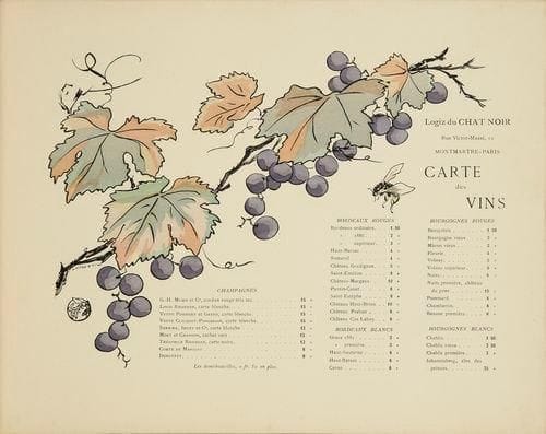 George Auriol (Jean-Georges Huyot, dit) (1863-1938) (d?après)
Logiz du Chat Noir, carte des vins. Gillotage et texte typographié. [356 x 282]. Leroy-Crèvecoeur non décrit. Impression en couleurs. Parfaite épreuve sur vélin. Toutes marges.