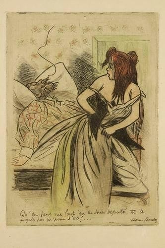 Henri BOUTET (1851-1919)
Qu?en peut me fout qu?tu soies député, tu te figures pas qu?pour 3?50....Vers 1900. Eau-forte. 275 x 390. Impression en couleurs. Belle épreuve sur japon, la légende ajoutée à la pierre noire, signée. Toutes marges. Cadre.