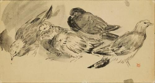 Jules CHADEL (1870-1941)
Quatre pigeons. Dessin, encre de chine et lavis sur japon vergé, [542 x 290], timbré (Lugt 562b). Trous d?épingles dans les angles.