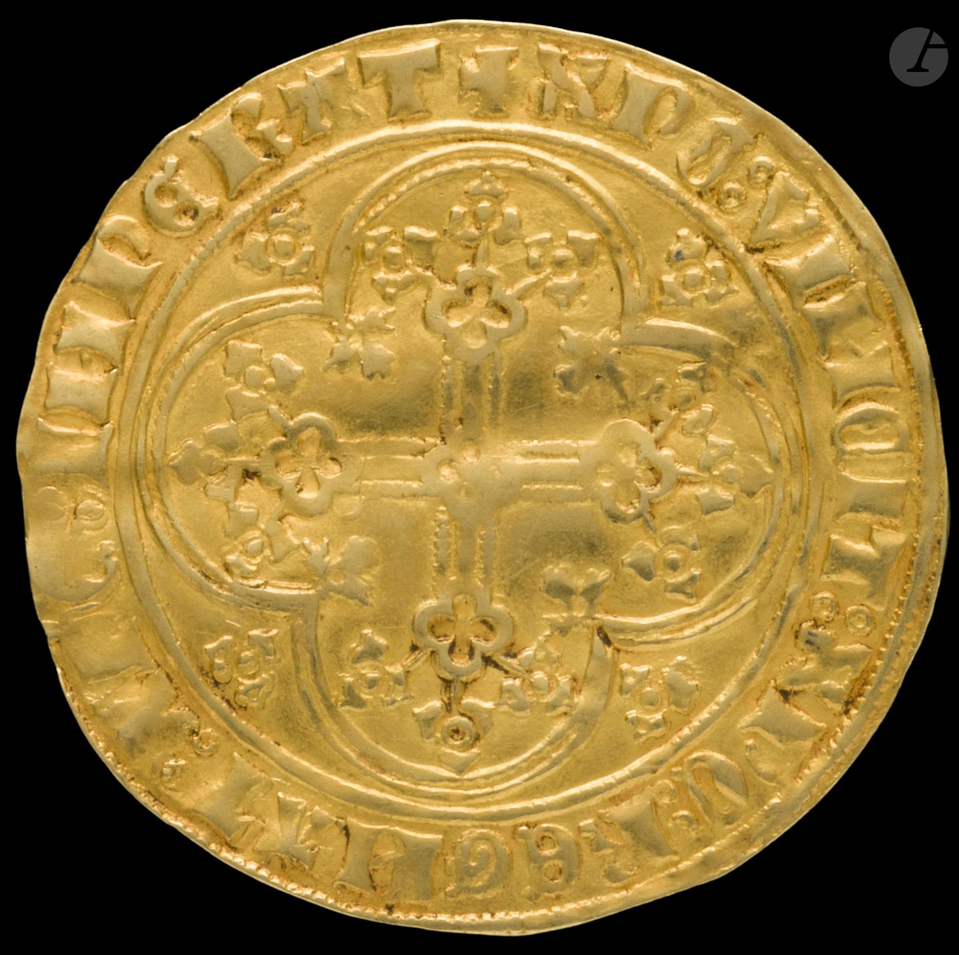 PAYS-BAS.
Guillaume VI (1404-1417). 
Chaise d’Or. Or. 3,66g.
Delm.731 – Friedberg.112                             

Trace de pliure.
Presque TTB