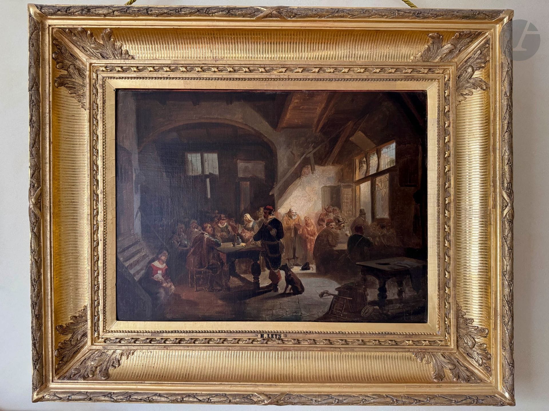 Hendrik LEYS (1815-1869)
La taverne
Huile sur toile.
H. : 50 cm, L. : 67 cm
Avec cadre : H. : 77 cm, L. : 94 cm