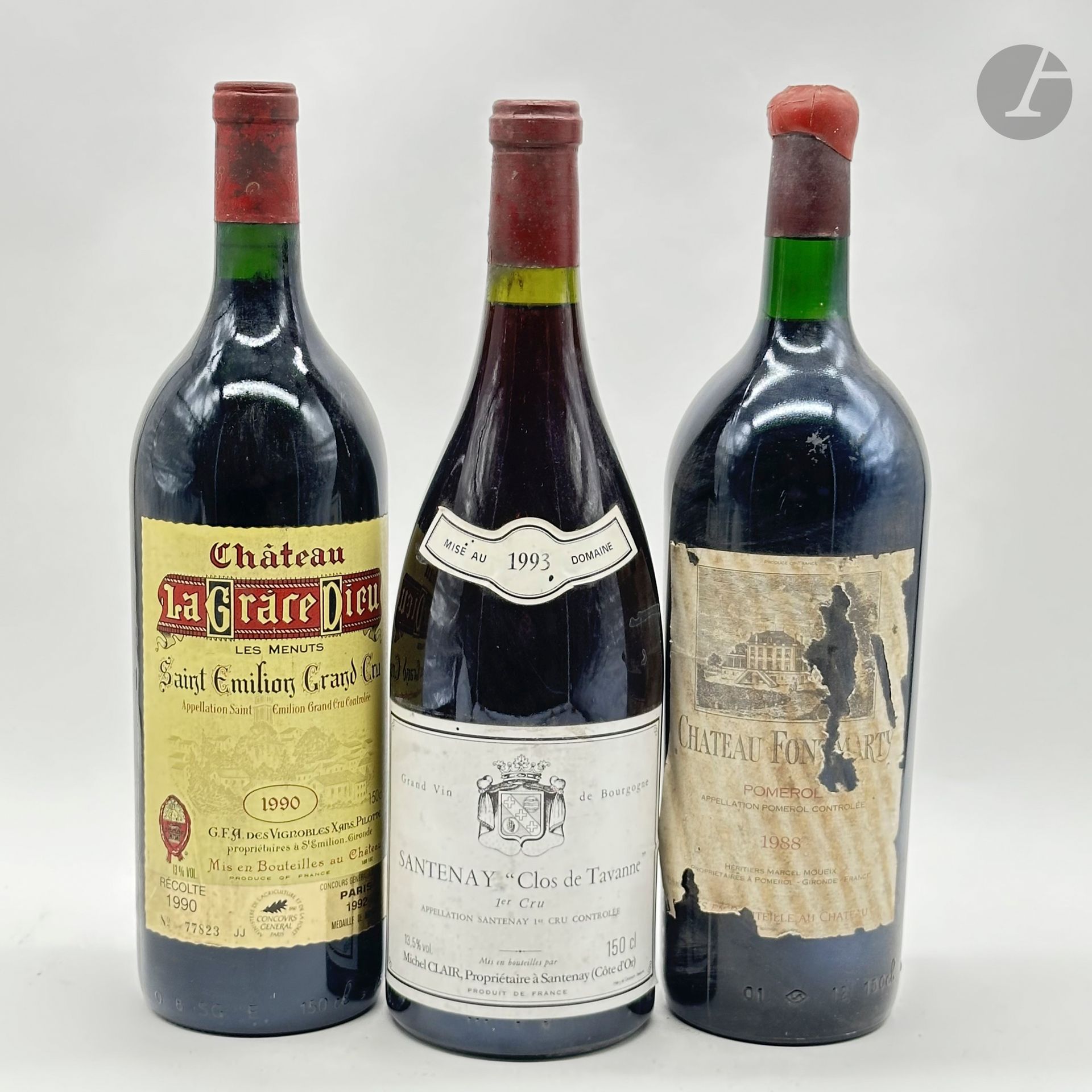 1 Mag SANTENAY CLOS DE TAVANNES (1er Cru) (e.t.h.), Domaine Michel Clair, 1993
1 Mag CHÂTEAU LA GRACE DIEU LES MENUTS (e.l.s.), GC Saint-Emilion, 1990
1 Mag CHÂTEAU FONTMARTY (e.q.i. fragile ; cire recouvrant la capsule), Pomerol, 1988