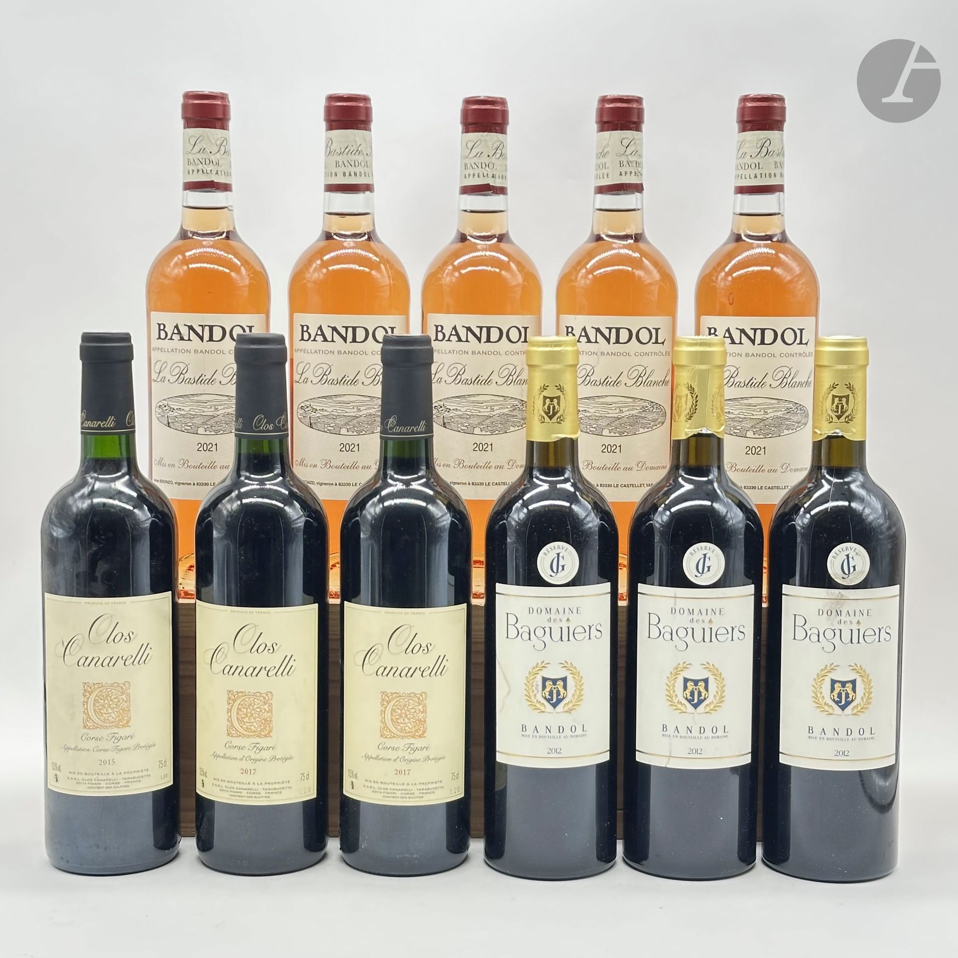 3 B BANDOL Rouge (e.l.s; c.a. bas de jupes), Domaine des Baguiers, 2012
5 B BANDOL Rosé, Domaine la Bastide Blanche, 2021
2 B CORSE FIGARI Rouge, Clos Canarelli, 2017
1 B CORSE FIGARI Rouge, Clos Canarelli, 2015
