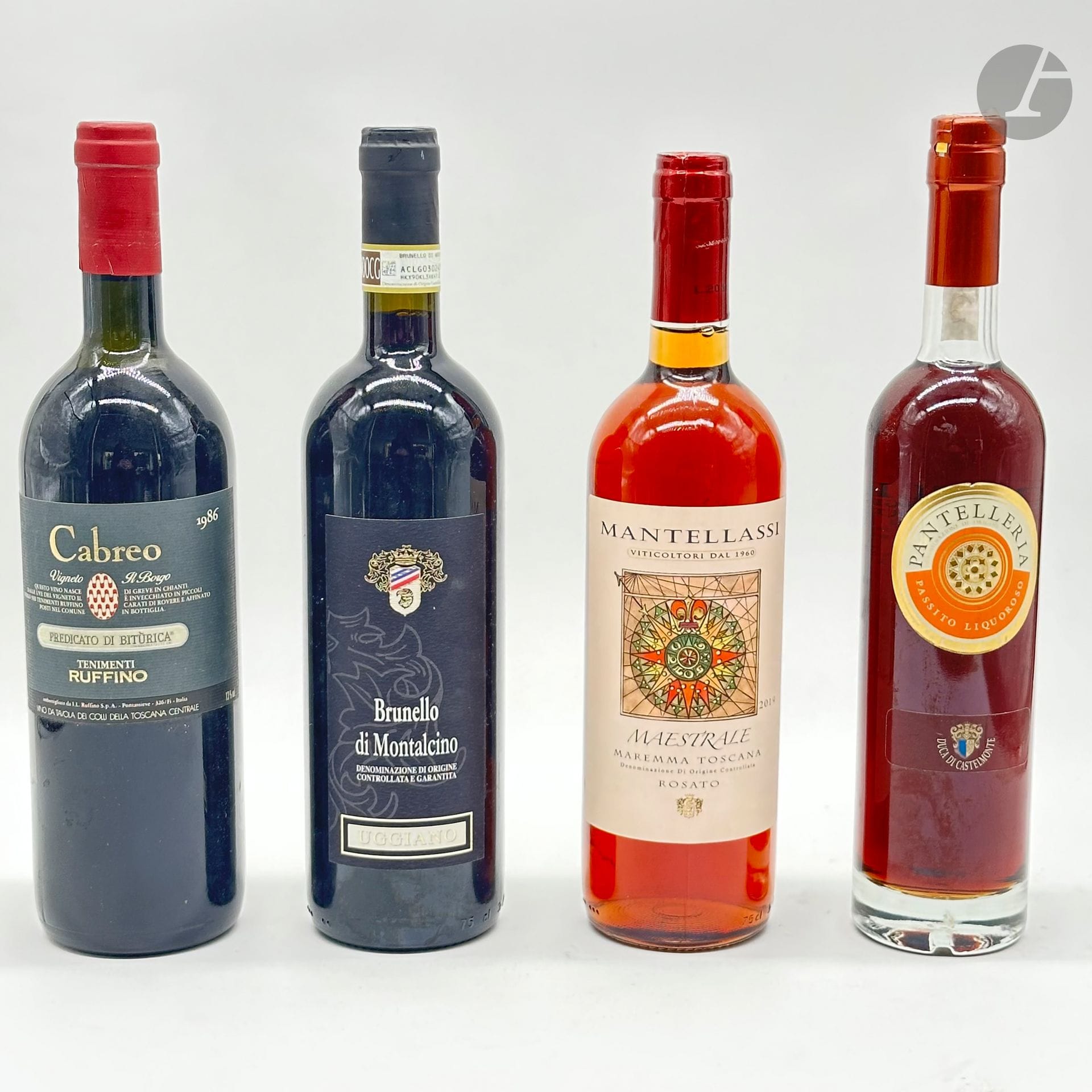 1 B BRUNELLO DI MONTALCINO, Uggiano, 2018
1 B VINA DA TAVOLA DEI COLLI DELLA TOSCANA CENTRALE VIGNETO ST BORGO CABREO PREDICATO DI BITURCA, Tenimenti Ruffino, 1986
1 B MAREMMA TOSCANA MAESTRALE Rosé, Mantellassi, 2019
1 50 Cl PASSITO DI PANTELLERIA DUCA DI CASTELMONTE, Carlo Pellegrino, 2009