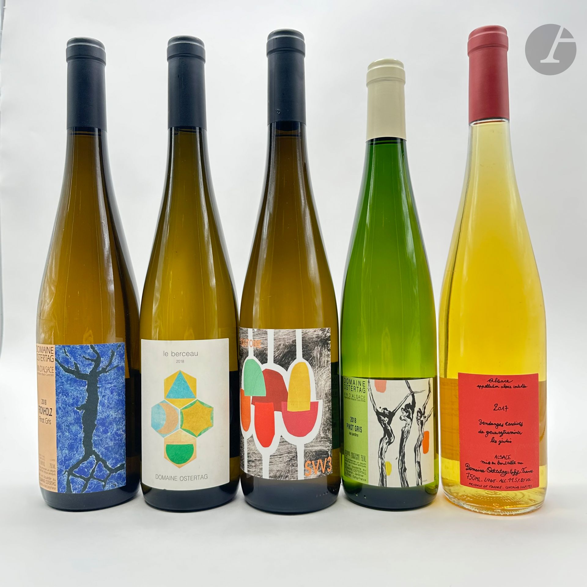 1 B GEWURZTRAMINER LES JARDINS VENDANGES TARDIVES, Domaine Ostertag, 2018
1 B PINOT GRIS FRONHOLZ, Domaine Ostertag, 2018
1 B RIESLING LIEU-DIT PFLANZER LE BERCEAU, Domaine Ostertag, 2018
1 B PINOT GRIS LES JARDINS, Domaine Ostertag, 2018
1 B SYLVANER VIEILLES VIGNES L'EXUTOIRE SVV3, Domaine Ostertag, 2018