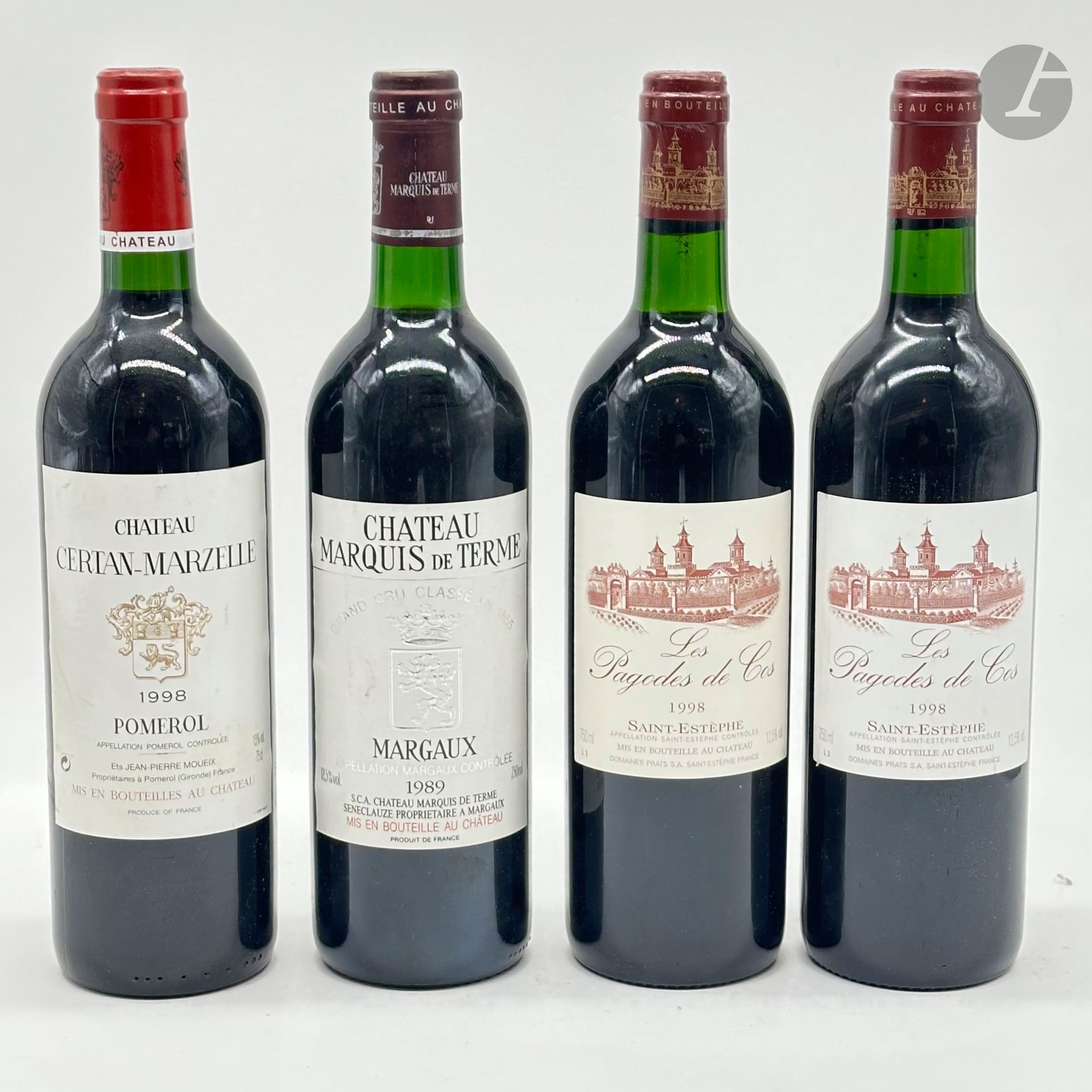 1 B CHÂTEAU MARQUIS DE TERME (T.L.B.+), GCC4 Margaux, 1989
1 B CHÂTEAU CERTAN-MARZELLE (e.l.s.), Pomerol, 1998
2 B LES PAGODES DE COS (1 e.l.a.), Saint-Estephe, 1998