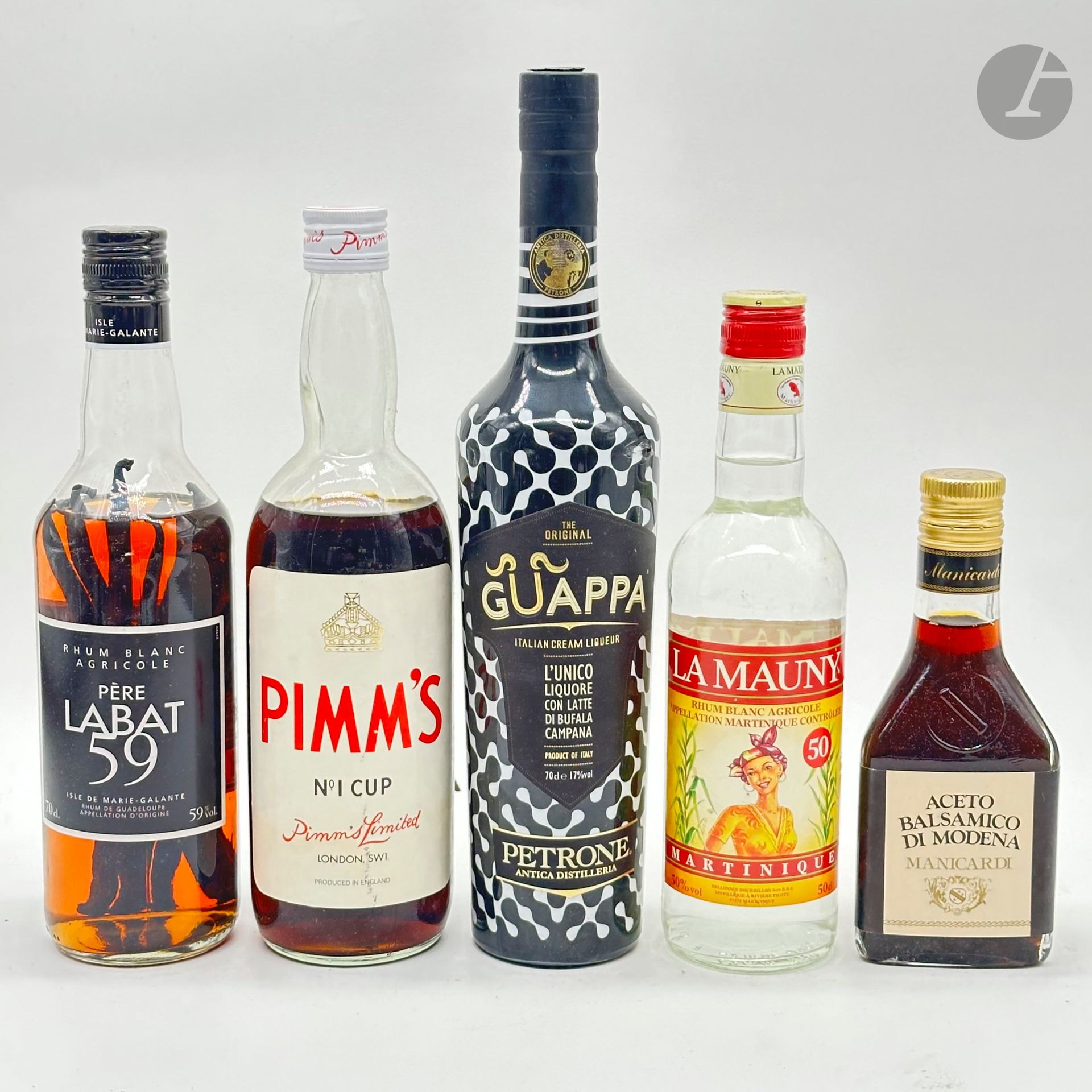 1 B RHUM BLANC AGRICOLE 70 cl 59% (M.B.), Père Labat, NM
1 B RHUM BLANC AGRICOLE 50 cl 50% , La Mauny, NM
1 1/2 B ACETO BALSAMATO DI MODENA (original case), Manicardi, NM
1 B LIQUEUR CON LATTE DI BUFALA CAMPANA GUAPPA, Petrone, NM
1 B PIMM'S N°1 CUP (original case damaged) (M.B.)