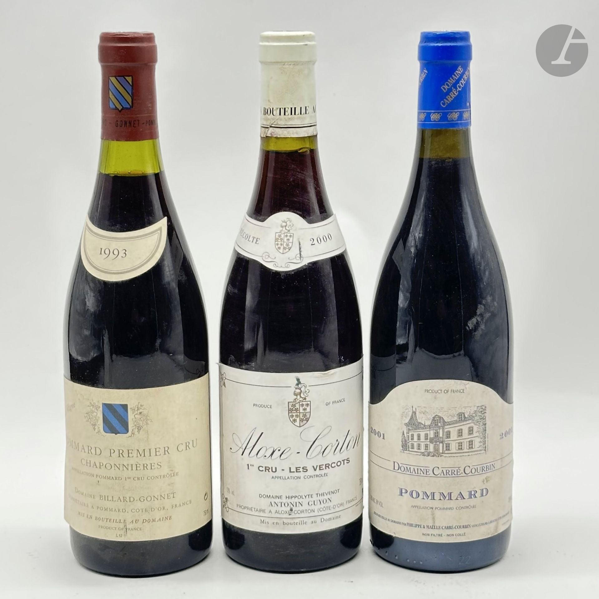 1 B POMMARD CHAPONNIÈRES VIEILLE VIGNE (1er Cru) (e.t.h.), Domaine Billard-Gonnet, 1993
1 B POMMARD (e.a.), Domaine Carré-Courbin, 2001
1 B ALOXE-CORTON LES VERCOTS (1er Cru) (e.t.h.), Domaine Hippolyte Thevenot, 2000
