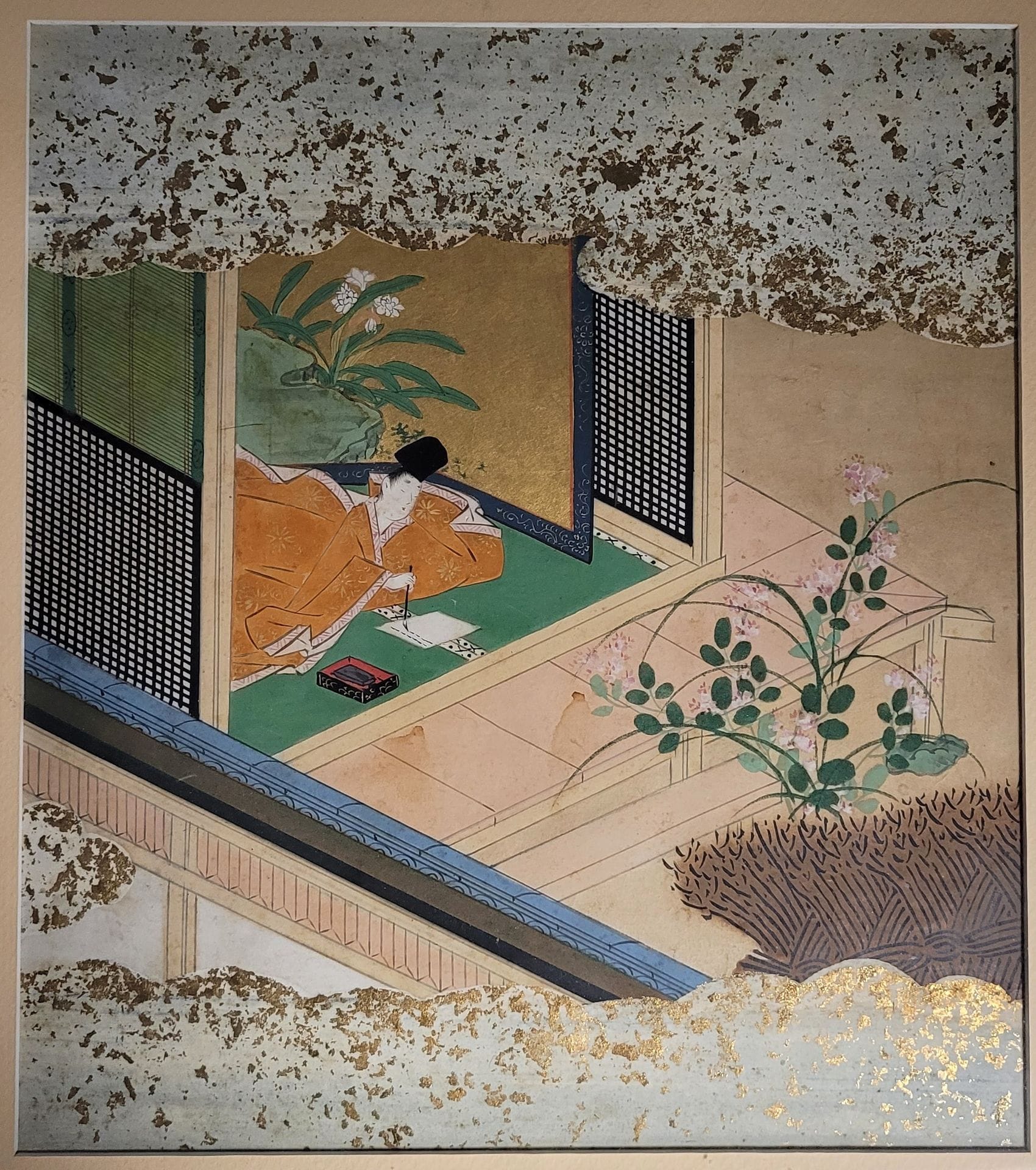 Peinture sur papier, Japon, époque Edo (1603-1868)
Peinture à l’encre, couleurs et paillettes d’or sur papier, représentant un épisode du Genji monogatari.
Dim. à vue : 25,7 x 23 cm
Cadre.