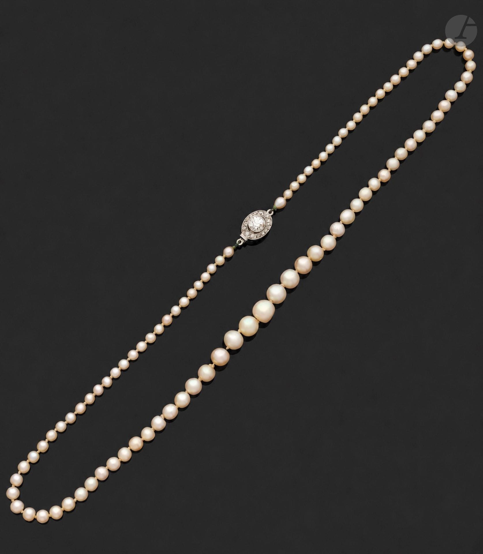 Collier de 95 perles fines ou de culture en chute, rondes ou baroques, fermoir en platine orné d’un diamant arrondi de taille ancienne entouré de diamants de taille ancienne plus petits. Longueur: 44cm environ. Dimensions des perles: 6,9 à 3,3 mm environ. Poids brut: 13,4g (à renfiler)