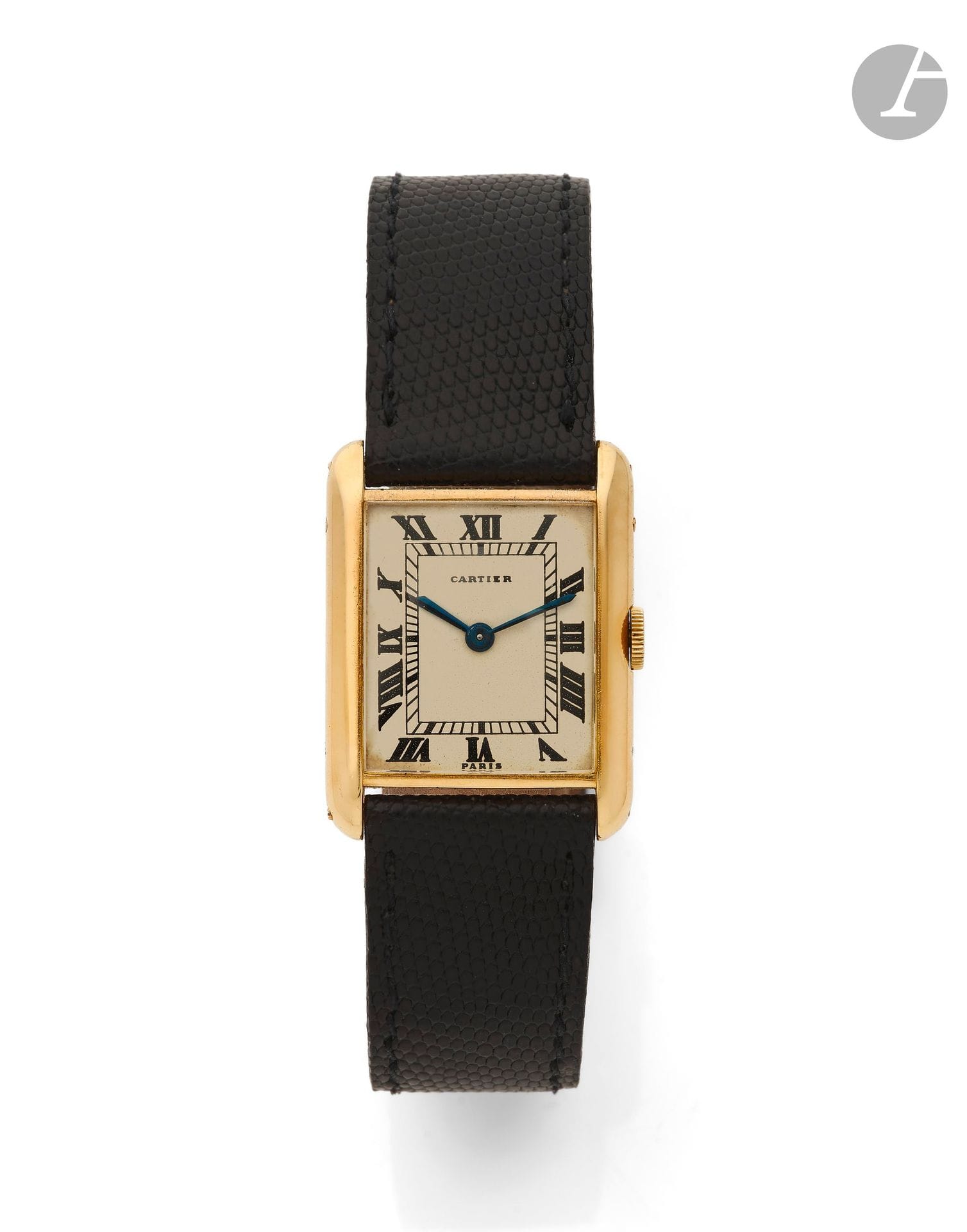 CARTIER
TANK
CIRCA 1964
Montre bracelet en or jaune 18K (750) sur cuir.
Boîtier: rectangulaire en or poli, carrure vissée, poinçon français, poinçon de maître Edmond Jaeger, revers monogrammé P.G-J, remontoir plat, intérieur de la lunette N° 696, intérieur du fond de boîte 45696
Cadran: blanc patiné «Paris», vissé, index chiffres romains et minuterie chemin de fer intérieur peints, aiguilles glaive en acier bleui. 
Mouvement: mécanique, cal. K821/1, base Jaeger LeCoultre, signé Cartier Inc.
Bracelet: cuir avec boucle déployante en or, poinçon français, poinçon E.J, N° 16166.
Cadran, boîtier et mouvement signés. 
Numérotée 45696/ 017331 (stock). 
Dim. 30 x 23mm
Poids brut: 33,21g
Avec: écrin Cartier daté «1949-1964», service Cartier de 1982.