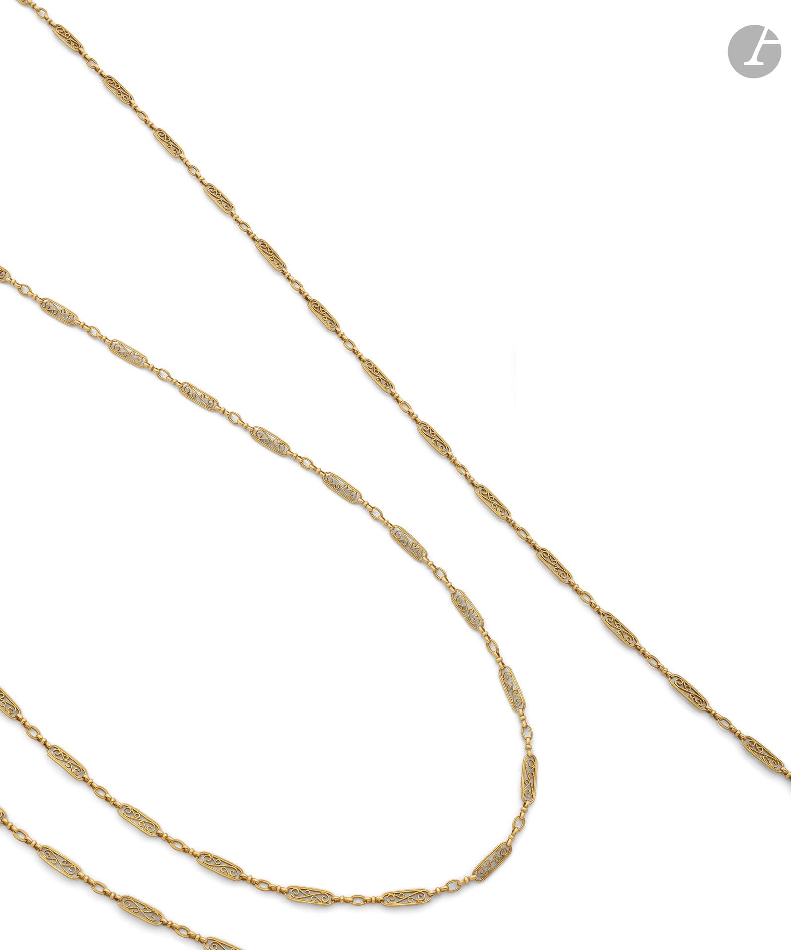 Sautoir en or 18K (750), articulé de maillons filigranés. Travail de la fin du XIXe siècle. Longueur: 154cm environ. Poids: 37,9g (déformations)