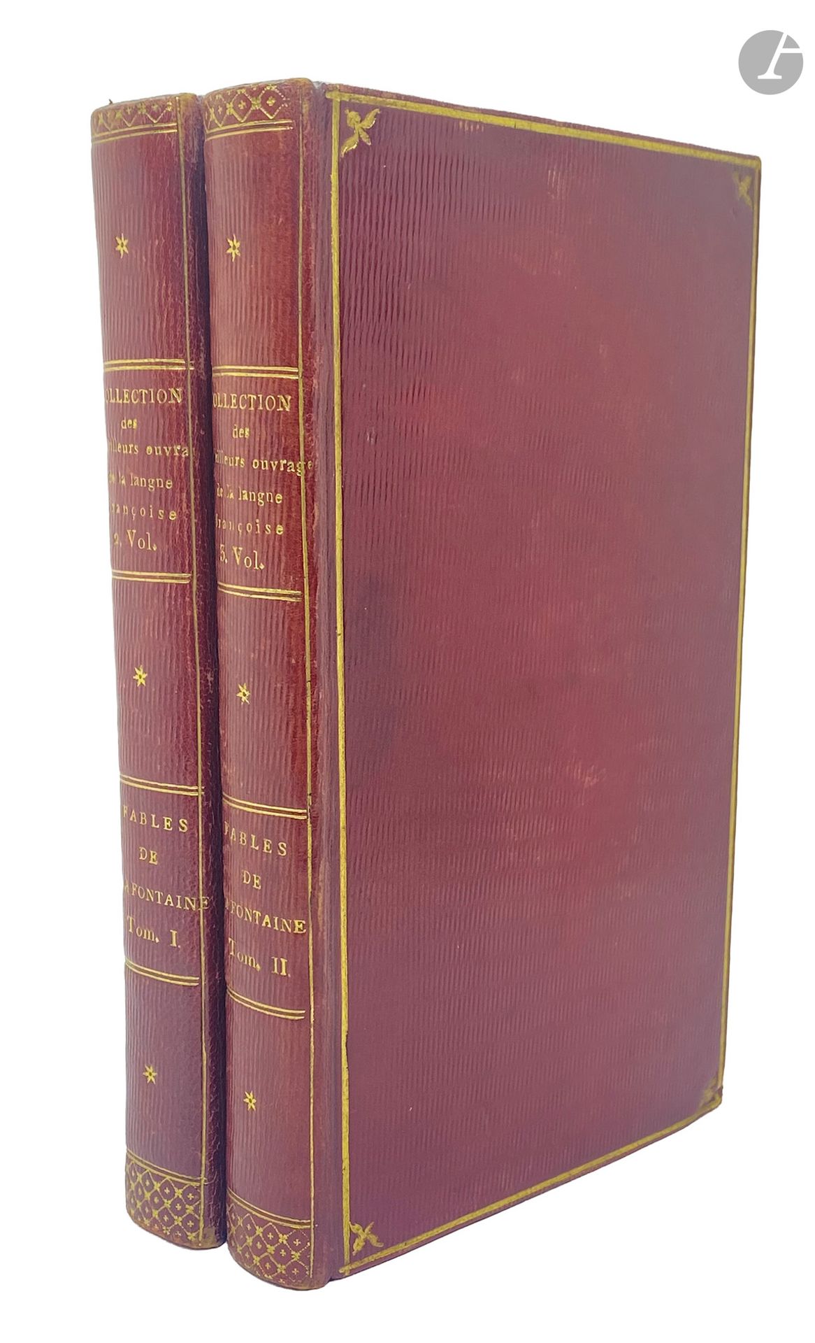 LA FONTAINE (Jean de).
Fables.
Paris : imprimerie de P. Didot l'aîné, 1813. — 2 volumes in-12, maroquin rouge à long grain, filet doré en encadrement et fleuron doré aux angles sur les plats, dos lisse orné, roulette dorée intérieure (reliure de l'époque).
Belle édition in-12 imprimée par Pierre Didot, parue simultanément à celle in-8, tirée à 1250 exemplaires. Elle fut publiée dans la « Collection des meilleurs ouvrages de la langue françoise, dédiée aux amateurs de l'art typographique ».

Très bel exemplaire sur papier vergé fin, relié à l'époque en maroquin rouge. Le dos porte, en plus du titre de l'ouvrage, celui de la collection avec les indications « 2. Vol. »et « 3. Vol. ».

Rousseurs éparses.