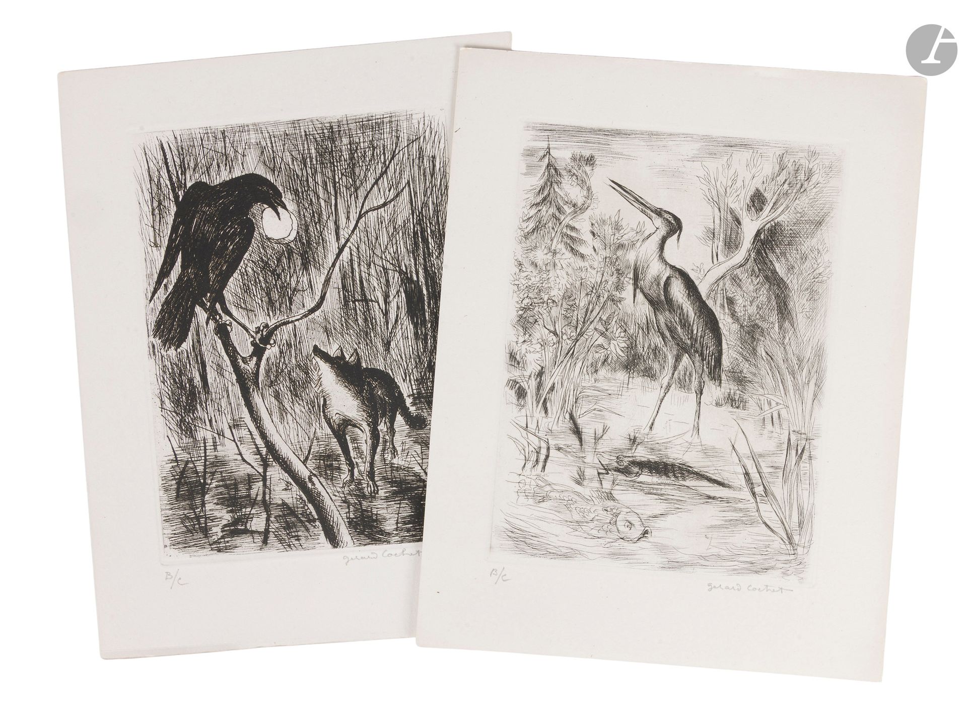 [REVUE - BIBLIOPHILIE].
Le Portique.
Paris : Rombaldi, 1945-1951. —8 vol. in-4, brochés, couvertures rempliées.
Collection complète de cette revue de bibliophilie, parfaitement documentée et illustrée de nombreux hors-texte, publiée sous la direction d’Éric de Grolier.

Ces précieux exemplaires font partie du tirage de luxe, à l’exception du numéro 4, limité à 103 exemplaires numérotés. Ils proviennent directement de l’éditeur Éric de Grolier et font partie des 3 exemplaires hors commerce (non mentionnés à la justification), justifiés B/C. En plus des gravures originales prévues, ils sont enrichis de documents originaux, le tout réparti comme suit :

n° 1 :
- Eau-forte originale de Jean-Émile Laboureur (non signée),
- Brochure de parution.

n° 2 :
- Lithographie originale en couleurs, signée par André Marchand, tirée sur papier de Chine,
- Lettre autographe signée de Jean-Gabriel Daragnès adressée à Grolier, datée du 20 septembre 1945 (1 page in-4) : « C’est avec un grand plaisir que j’ai reçu votre revue. Depuis longtemps j’ai vu de nombreux efforts faits pour la propagande du beau livre, mais jamais je n’ai constaté une si belle réussite. »

n° 3 :
- Deux eaux-fortes originales, signées de Gérard Cochet,
- Lettre dactylographiée de l’éditeur destinée aux abonnés,
- 2 lettres autographes signées de Pierre Mac Orlan, adressées à Grolier, datées du 21 décembre 1944 et du 10 mars 1946 (2 pages in-8), concernant son article sur Chas Laborde,
- Photographie d’une eau-forte d’Édouard Vuillard, reproduite page 54, avec au verso des indications de mesures et le cachet « Bibliothèque Nationale Paris, Service photographie, cote du cliché 45-C-1488 » (le numéro de côte est au crayon).

n° 4 :
- Exemplaire ordinaire.

n° 5 :
- Eau-forte originale, signée de Pierre Falké,
- Second exemplaire du feuillet de sommaire, avec la photographie de Paul Valéry au verso,
- Épreuve corrigée par Henri Charpentier des deux premiers feuillets contenant le poème « Arlequin »,
- 2 photographies originales de Pierre Falké par Guy Le Boyer, reproduites pages 27 et 41, avec le cachet du photographe au verso.

n° 6 :
- Pointe sèche originale, signée de Denyse de Bravura, illustrant le poème « En Arles » de P.-J. Toulet,
- Poème autographe signé de Robert Houdelot, intitulé « Guitare », adressé à Bernard Thibaut des éditions Rombaldi,
- 5 reproductions d’une même gravure de Gus Bofa (4 en noir et une en couleurs),
- 2 lettres autographes signées de Gus Bofa, adressées à M. René Gas, directeur des éditions Rombaldi (1 page 1/2 in-4 et 1 page in-8),
- Lettre autographe signée de Pierre Mac Orlan, adressée à Grolier, datée du 26 février 1947 (1 page in-8), concernant l’article sur Gus Bofa publié dans ce numéro,
- Enveloppe autographe de Pierre Mac Orlan à l’adresse d’Éric de Grolier.

n° 7 :
- Lithographie originale, signée de Luc-Albert Moreau, intitulée « Les deux Grock »,
- Brochure « Sélection d’éditeurs et de libraires français ».

n° 8 :
- Eau-forte originale, signée de Decaris,
- Épreuve justifiée « Bon à tirer » et signée par Decaris de la même eau-forte,
- Lettre autographe signée de Jean-Louis Vaudoyer, adressée à Grolier, datée du 5 novembre 1950 (1 page in-4), concernant les corrections de son article « Stendhal et Parme »,
- Lettre autographe signée de Decaris, adressée à Grolier (sans date, 1 page in-4), concernant le cliché d’une gravure,
- Manuscrit autographe de l’éditeur (1 page in-8 oblong), contenant le texte figurant sous la photographie d’Alain-Fournier (page 46)..

Exemplaires très bien conservés.
Provenance : Éric de Grolier.