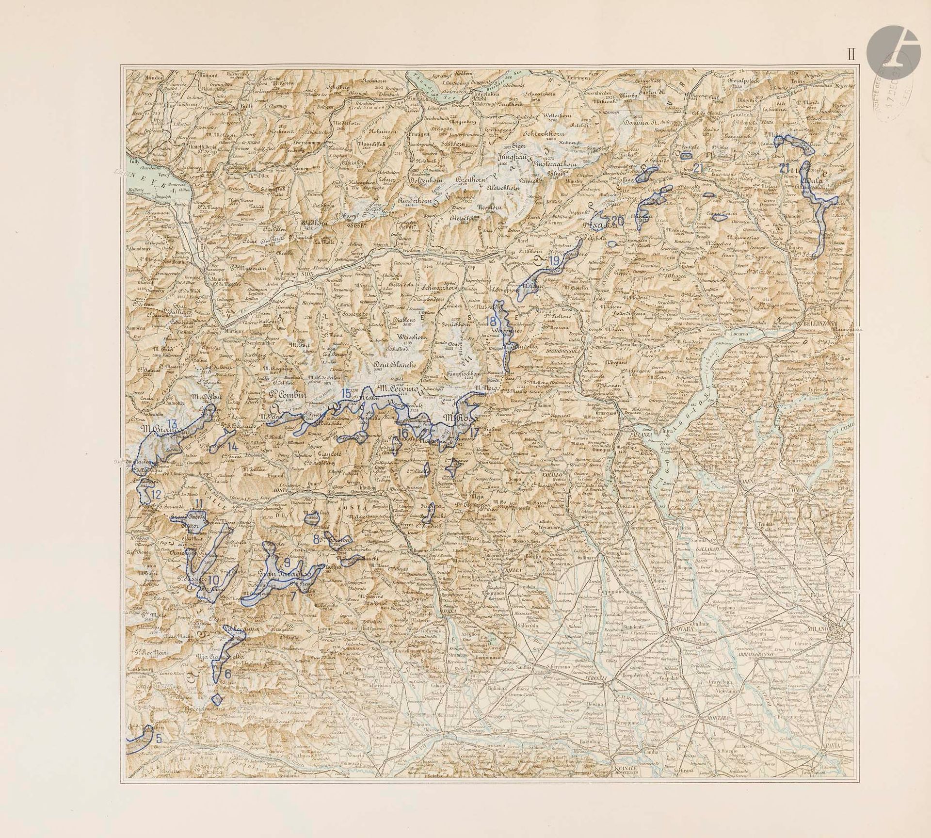 [CARTE GÉOGRAPHIQUE]
PORRO, Carlo et LABUS, Pietro. 
Atlante dei Ghiacciai italiani. Parte Prima. Carta Corografica. Ist. Geografico Militare, Firenze, 1927. 470 x 530 mm. Chemise in-folio brochée, 4 cartes.

Carta Corografica, Scala 1 : 500.000. Publié par le « Comitato Glaciologico ». Carte en quatre feuilles formant la grande carte chorographique de l’Italie. 
 
Donne une vision d’ensemble de la répartition des glaciers italiens dans les massifs alpins et apenniniques. Elle est destinée à compléter le recensement glaciaire italien de 1925 et à servir de base aux cartes de détail (à l’échelle 1:25 000) pour chaque région glaciaire.

Provenance : Société Géologique de France.