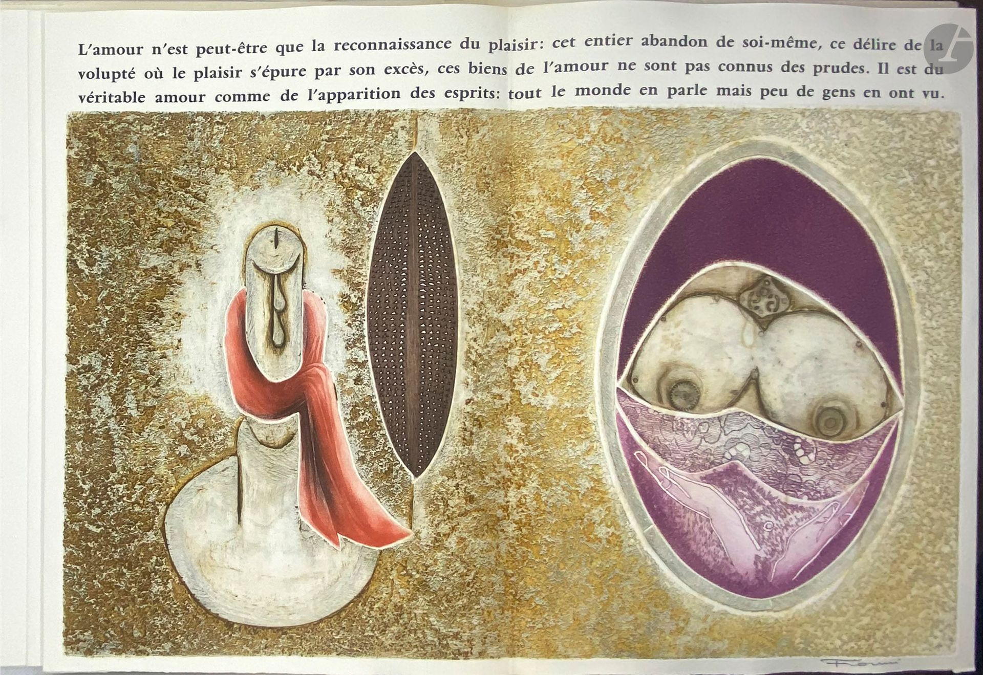 [COLLECTIF].
Cinq à sexe.
Paris : Imprimerie moderne de la Presse, [1974]. —In-4, en feuilles, couverture rempliée, chemise et étui de l'éditeur.
Édition tirée à 105 exemplaires sur vélin d'Arches, illustrée de 5 compositions en couleurs sur double page et signées, des artistes Bertrand DORNY (1931-2015), Marcel FIORINI (1922-2008), Arthur Luiz PIZA (1928-2017), Paolo BONI (1926-2017) et Marc-Antoine LOUTTRE (1926-2012).

Un des 90 exemplaires numérotés de 11 à 100, enrichi d'une suite signée des 5 gravures non pliées sous chemise de l'éditeur.

Exemplaire très bien conservé.