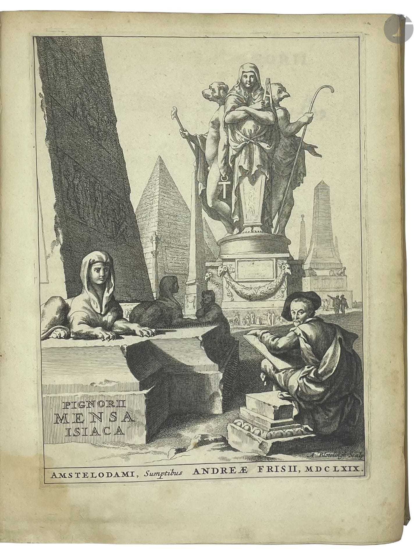 PIGNORIA (Lorenzo).
Mensa Isiaca, qua Sacrorum apud Ægyptios ratio & simulacra subjectis tabulis æneis simul exhibentur & explicantur. — Magnae deum matris idææ & attidis initia. —  Manus Ænea, cecropii votum referentis, dilucidatio. Auctore Jacobo Philippo Toasino.
Amsterdam : Andreæ Frisii, 1669. — 2 ouvrages en un volume in-4, parchemin rigide, dos lisse (reliure de l'époque).
Troisième édition, la plus aboutie, entièrement consacrée à l’explication de la Table d’Isis (ou Table Isiaque) par l’antiquaire Lorenzo Pignoria (1571-1631). Cette table, considérée comme l’un des monuments les plus précieux de l’Égypte ancienne, est une grande plaque de cuivre gravée représentant la plupart des dieux égyptiens et leurs symboles, ainsi que les mystères d’Isis. Volée en 1525 lors du sac de Rome, elle passa entre les mains du cardinal Bembo, puis du duc de Mantoue, avant d’être conservée à Turin, où elle se trouve encore aujourd’hui.

L’ouvrage s’accompagne traditionnellement d’un second texte, divisé en deux parties distinctes, chacune dotée de sa propre page de titre. La première, également signée Lorenzo Pignoria, propose une étude approfondie de la main panthée et de la statuette d’Atys. La seconde, rédigée par Giacomo Filippo Tomasini (1595-1655), est consacrée à l’analyse d’une autre main ; elle s’achève par une biographie de Pignoria.

L’édition est illustrée d’un frontispice gravé par Blotelingh, d’une vignette sur chacun des titres, de 35 gravures sur cuivre dont 25 dans le texte et 9 à pleine page, et de 12 planches dont 11 dépliantes représentant la table d’Isis.

Bel exemplaire en reliure de l'époque.
Mouillures claires sur les plats et les feuillets. Annotations anciennes sur la première garde blanche.